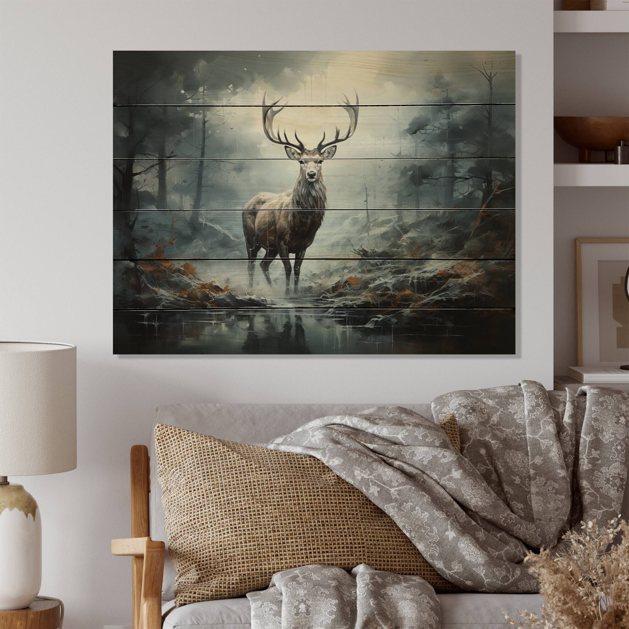 Designart "Deer Whispering Mist I" Animals Print on Natural Pine Wood